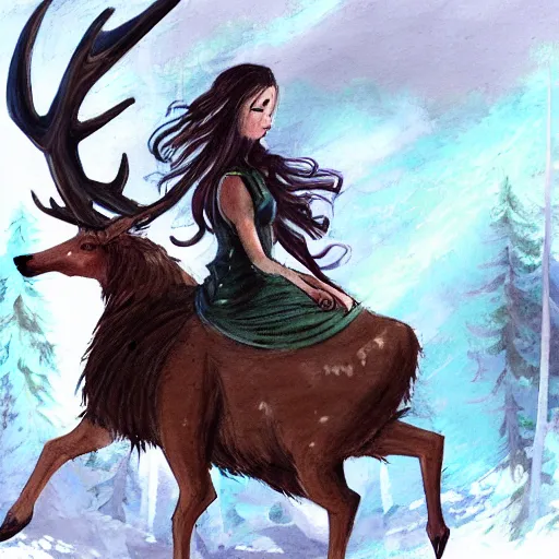 Image similar to girl in a dress riding a giant elk, trending on art station