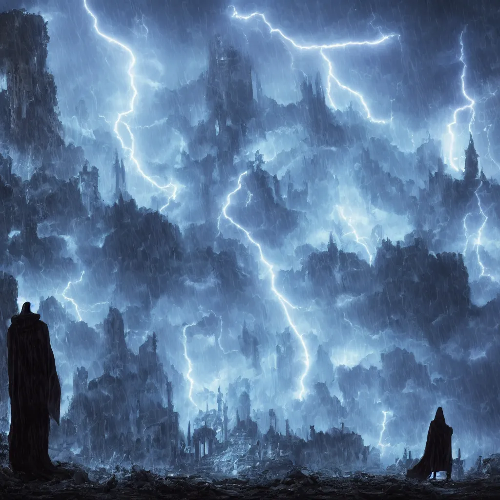 Image similar to a still of a cloaked figure standing in the ruins of crux prime, monastery, there is lightning, blue fiery maelstrom in the distance, it is raining, digital art, artstationhq