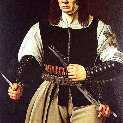 Image similar to Richard III holding a serrated dagger and looking furious. Painted by Caravaggio, high detail