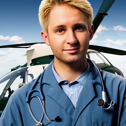 Image similar to blond male doctor in front of helicopter, epic lighting, digital art