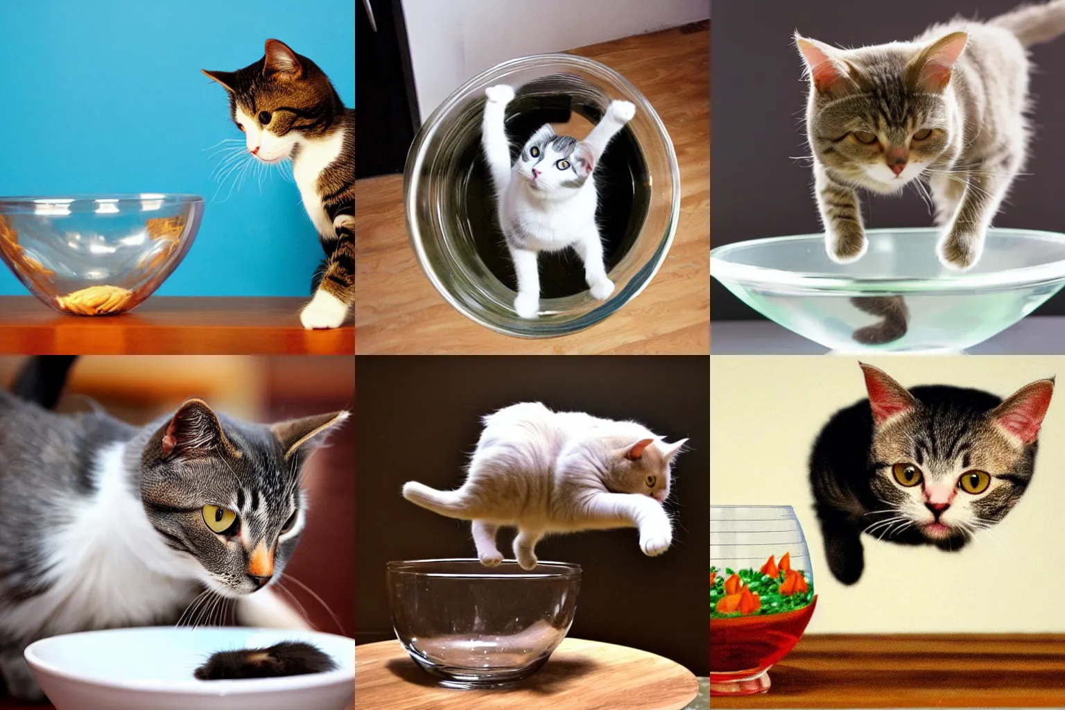 Prompt: British short hair cat jumping into a glass bowl