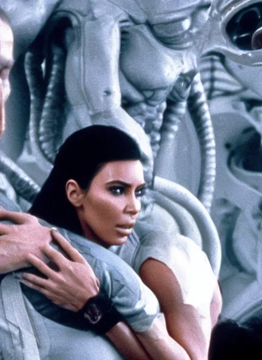 Prompt: film still of kim kardashian in the movie Alien, xenomorph holding kim in a chokehold, unconscious, cinematic shot, 4k.
