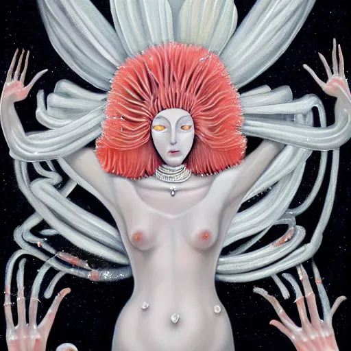 Image similar to beautiful painting of a white arthropod goddess with silver linings, coral mutations and melting jewelry in the style of Francis Bacon and Jesse Kanda. Digital art, detailed, trending on Artstation