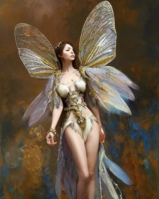 Image similar to Moth Fairy Maiden with large moth like wings wearing ornate dress by Ruan Jia and Andrei Riabovitchev, featured on Artstation, Hyperdetailed, stylized, realistic oil on linen, masterpiece, fantasy