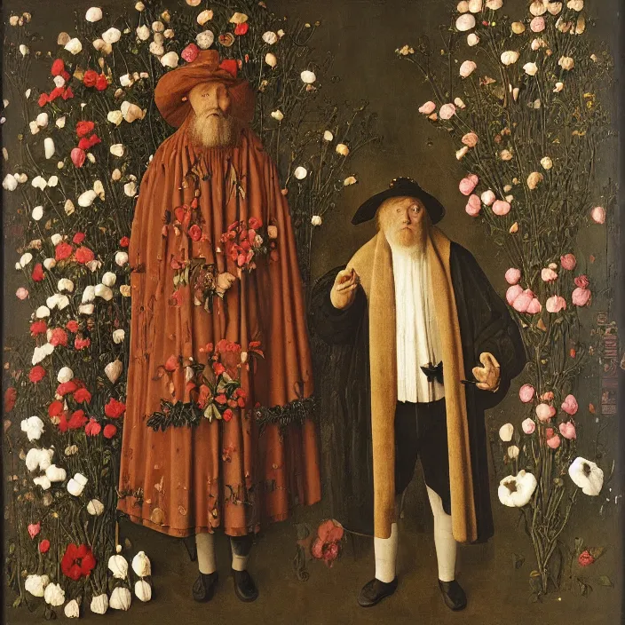 Prompt: a bird made of flowers, standing next to a creepy old man, by Jan van Eyck