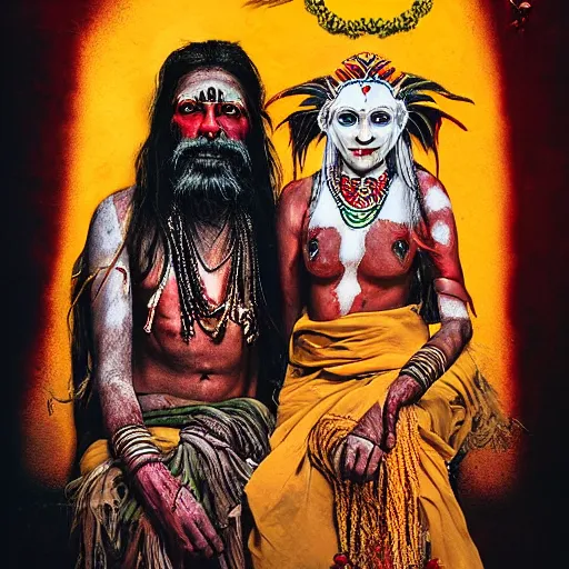 Image similar to realistic expired kodak film portrait of aghori tantrik with kapala, albino india woman tentacled creature mix, marigold, roses celestial vibe, hyperrealism, hypermaxiymalism, photorealistic, detailed, atmospheric, 8 k, award winning photography, cinematic