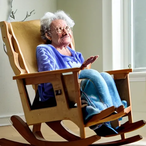 Prompt: a grandma sitting in a rocking chair with cyborg implants