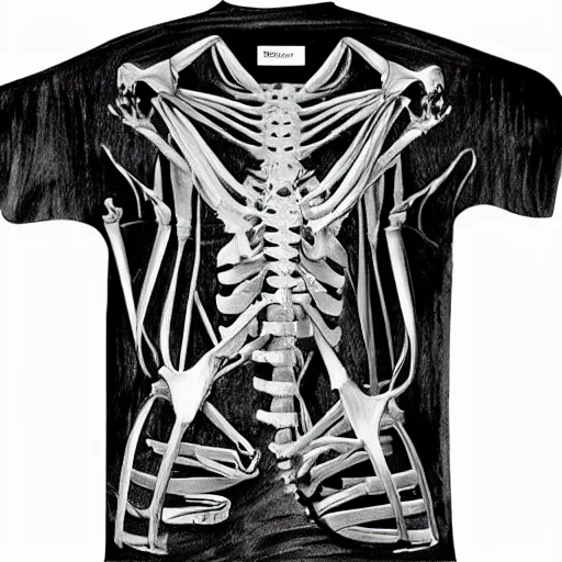 Prompt: pencil illustration of a kangaroo skeleton, highly detailed, on black, silk screen t-shirt design 4K