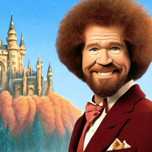 Prompt: Bob Ross in front of the Castle of Distant Ideal, fantasy art, 8k HD wallpaper, professional art, Wes Anderson, Camelot, Arthurian legend, Featured on art