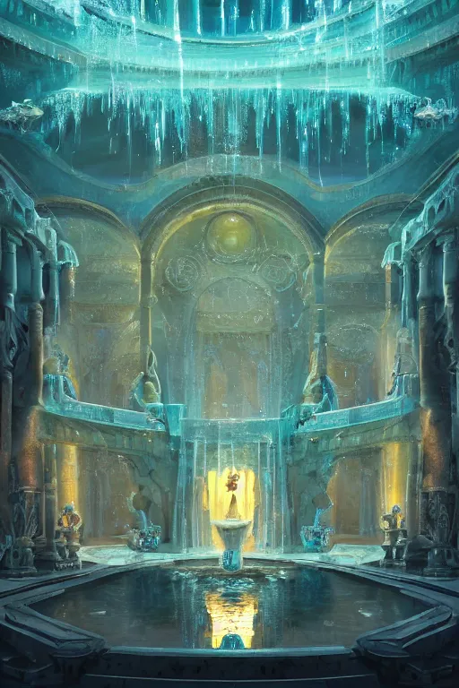 Image similar to inside of an atlantis palace, bioluminescent light, fountain, crystals, intricate, elegant, volumetric lighting, digital painting, highly detailed, artstation, sharp focus, illustration, concept art, ruan jia, steve mccurry