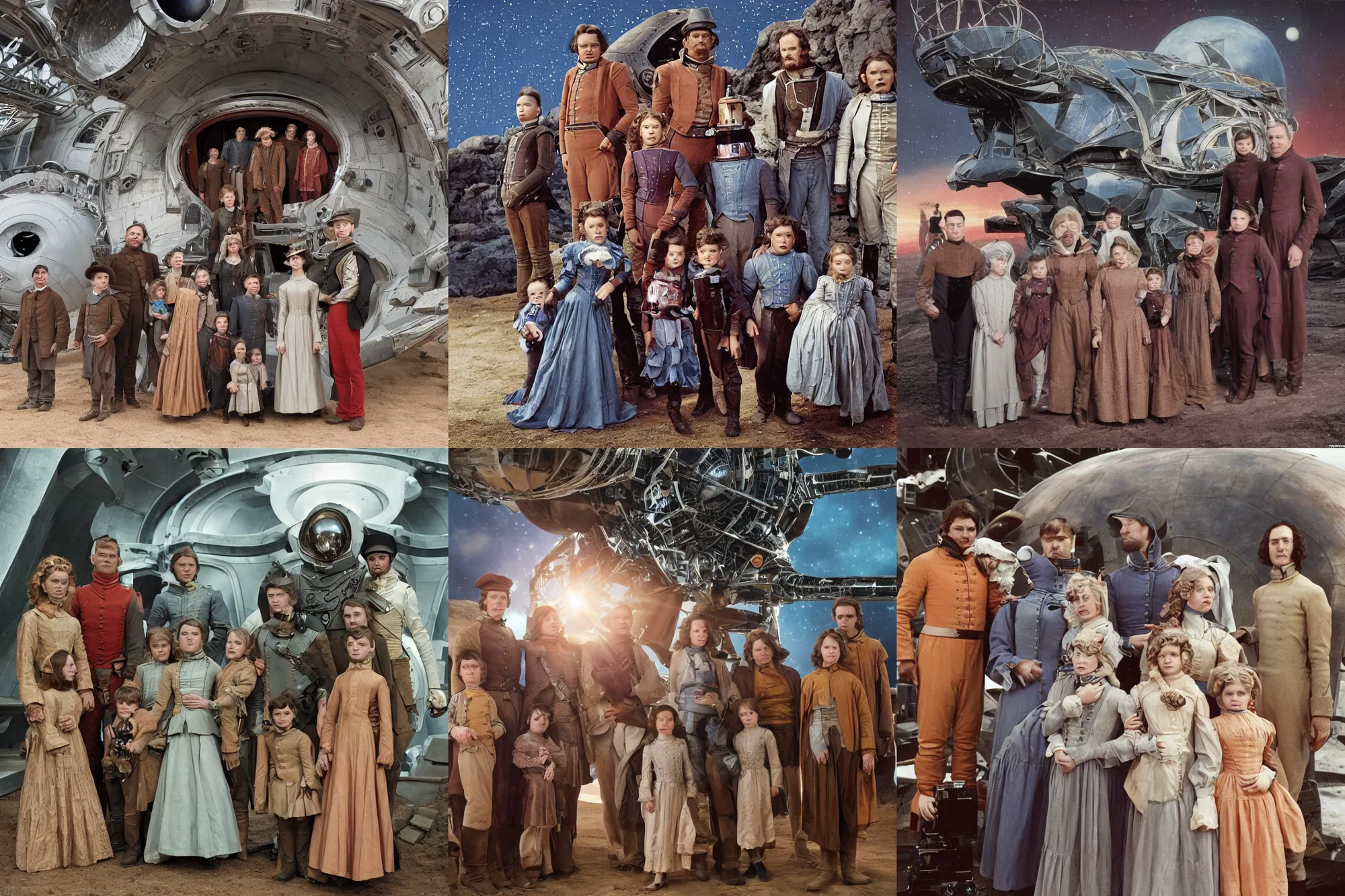 Prompt: highly detailed, 268435456k film, 480mm film still from a sci fi blockbuster color movie made in 2019, set in 1860, of a family standing in front of a spaceship that has just landed on an alien planet, the family are all wearing 1860s era clothes, good lighting, good photography, ultra high definition