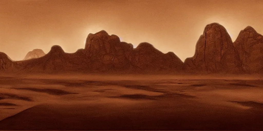 Image similar to a realistic sepia - toned photorealistic painting of wadi rum at night, dark, brooding, atmospheric, lovecraft