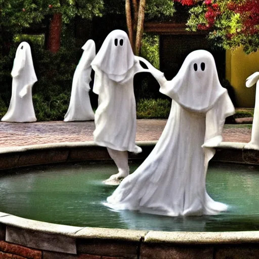 Prompt: the ghosts of the past, present and the future dancing around the fountain of youth and wisdom