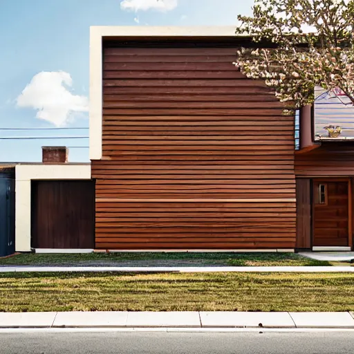 Prompt: view of a house from the street. wood accent. style: retro futurism