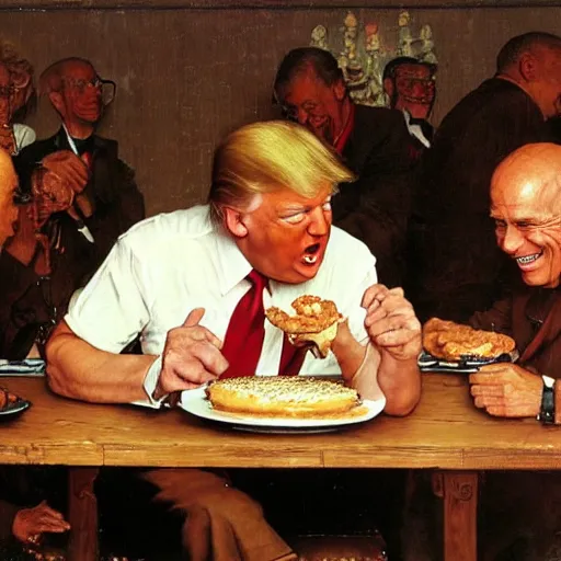 Image similar to donald trump eating a cream pie at a wooden table, he is smiling, artist norman rockwell,