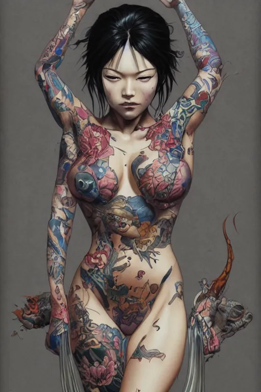 Prompt: a yakuza girl with tattoo, highly detailed, marvel comics, dark, digital painting, artstation, concept art, smooth, sharp focus, illustration, art by artgerm and greg rutkowski and alphonse mucha and Wayne Barlowe and Zdislav Beksinski