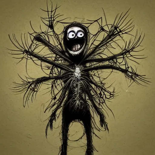 Prompt: surrealism grunge cartoon sketch of a human spider with a wide smile holding flowers by - michael karcz, loony toons style, horror theme, detailed, elegant, intricate