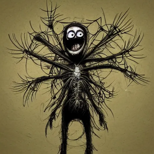 Image similar to surrealism grunge cartoon sketch of a human spider with a wide smile holding flowers by - michael karcz, loony toons style, horror theme, detailed, elegant, intricate