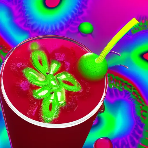 Image similar to cherry limeade smoothie drip, intricate complexity, surreal horror, psychedelic glitch art, neon rainbow drip paint, trending on art station, photoreal, 8 k, octane render