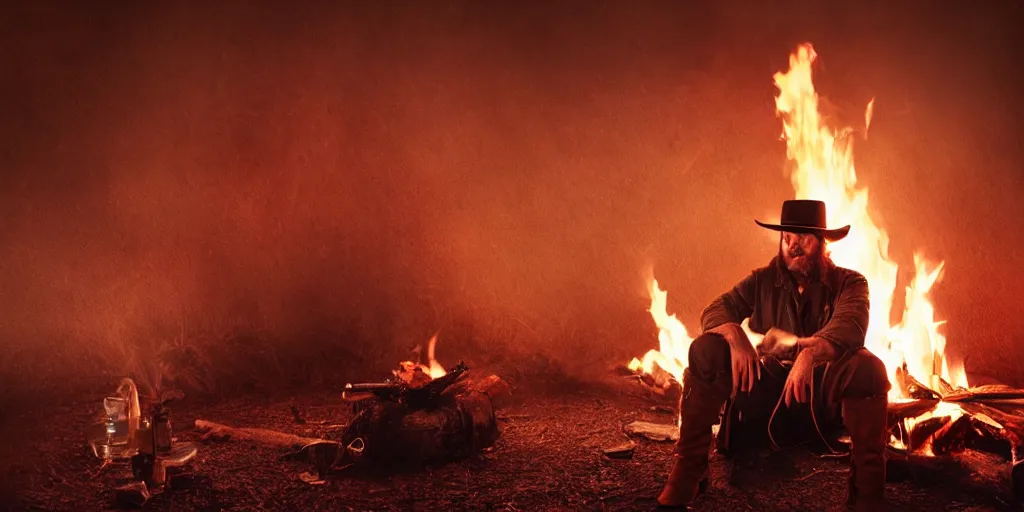 Prompt: portrait of rugged bandit cialien murphy ( ( alone ) ) in the old west, bound by shackles at a campfire, volumetric lighting, cinematic, dark, grim