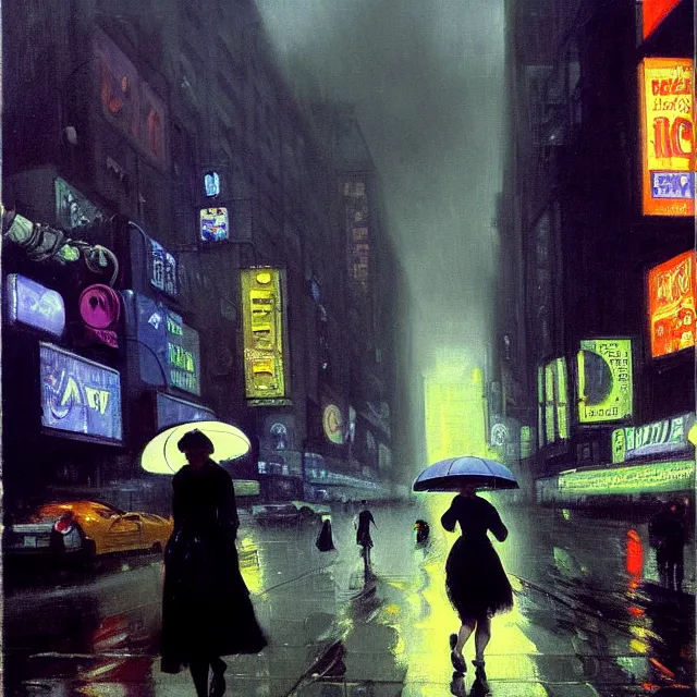 Prompt: a girl walking through a futuristic new york city, cyberpunk, street vendors, fog, neon lights, flying cars, storm clouds, rain, oil painting, by george bellows