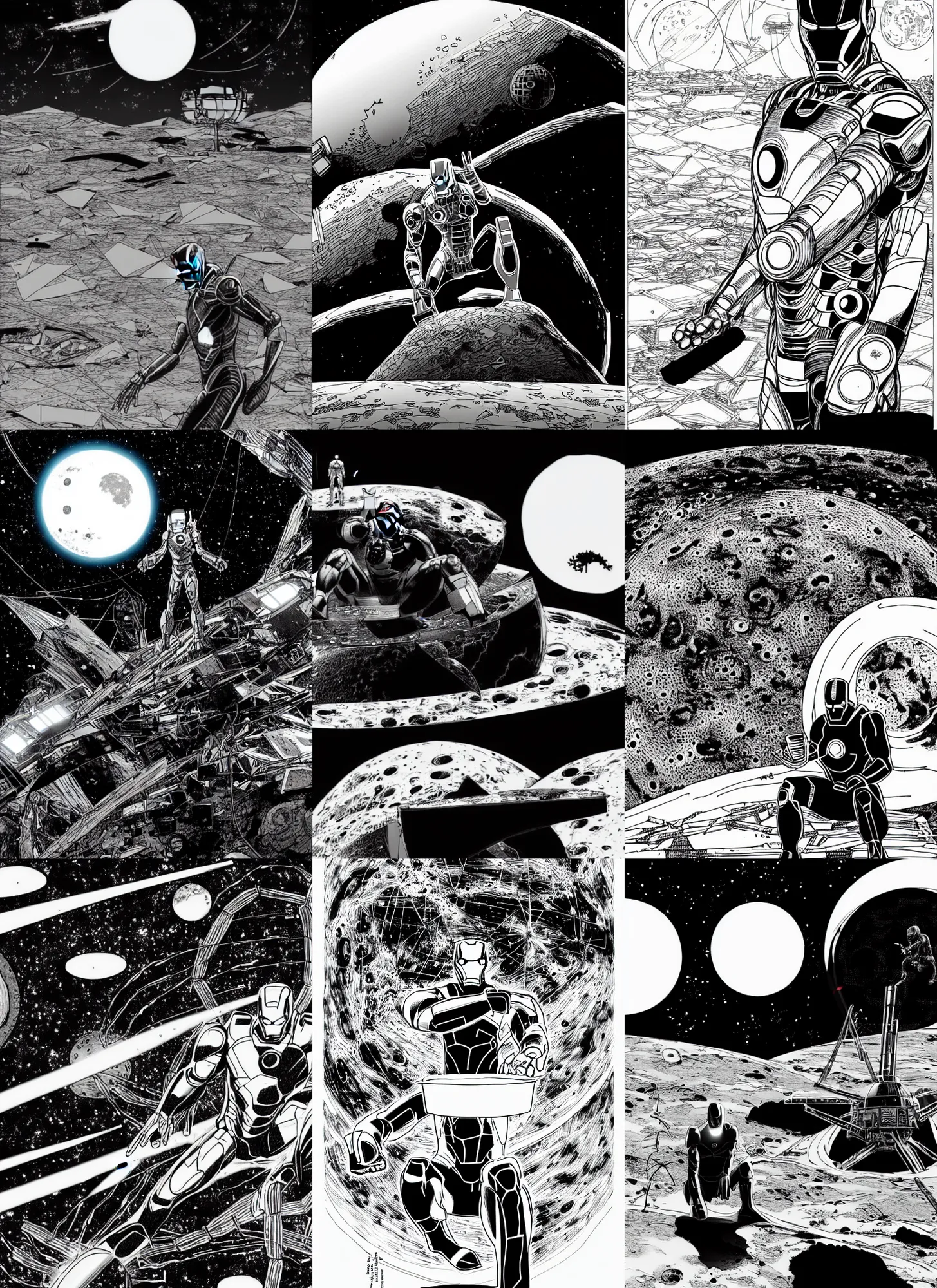 Prompt: black and white sad iron man with eats shawarma on the destroed moon distant wires earth background, by tsutomu nihei, isometric