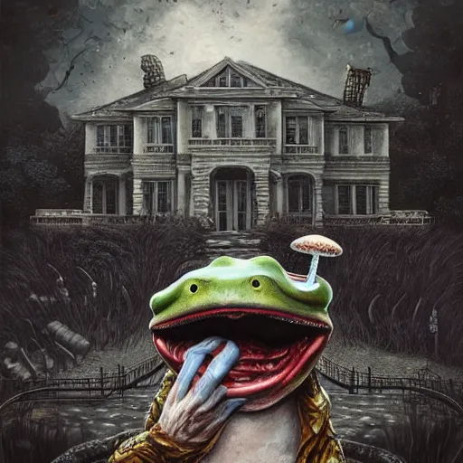 Image similar to A portrait of a scary godlike anthropomorphic frog smoking a cigarette , mansion made of mushrooms in background . award winning. superb resolution. in the art style of junji Ito and greg rutkowski . Detailed Mushroom city in background. Hyper realistic anime. Perfect art. Dalle2