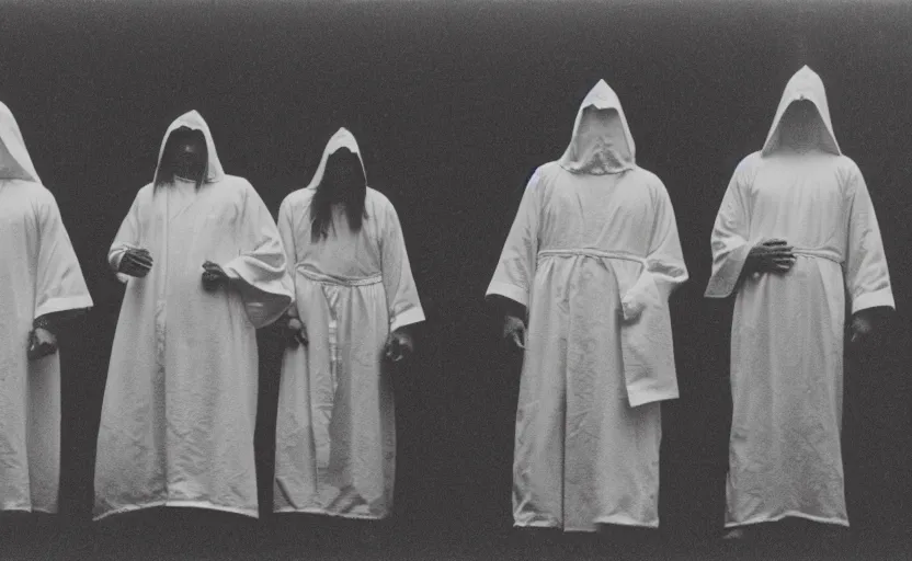 Image similar to a old grainy 1 8 0 0 s black and white photo of a group of demonic cultists, wearing robes, wearing hoods, performing a ritual, grainy, old photo, golden ratio, scary, horror photography, 5 0 mm lens, f 1. 8