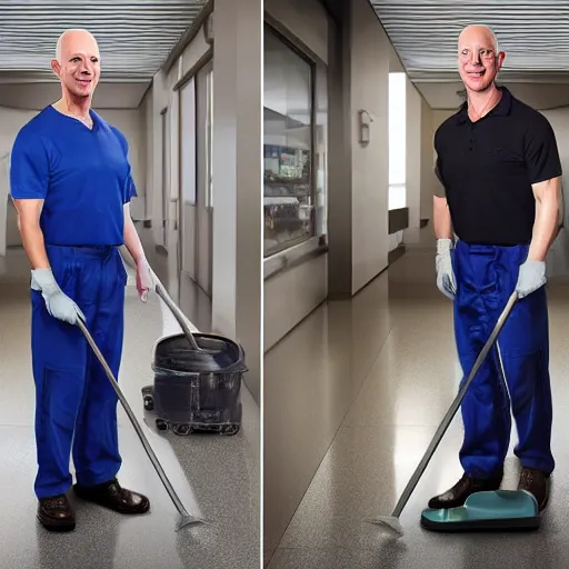 Image similar to 8k hyper realistic HDR photo of janitor with Jeff Bezos face