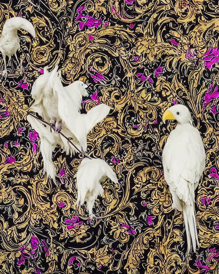 Prompt: photographic masterpiece of an albino raven standing on a colourful ornate skull on a black velvet table cloth, art nouveau wallpaper in background