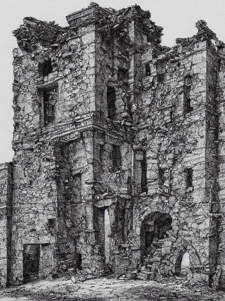 Image similar to A pen drawing of a dilapidated ancient castle building in the wood, by Juan Francisco Casas, high detailed