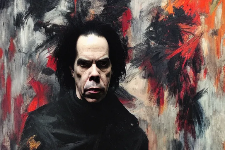 Image similar to a portrait of nick cave, masterpiece, dramatic lighting, painting by caravaggio and ruan jia and jakub rebelka and basil gogos