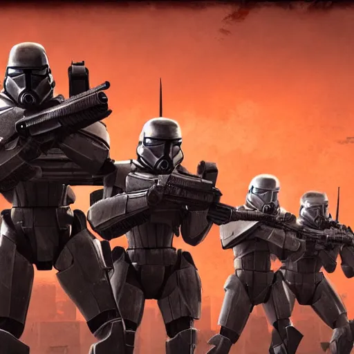 Image similar to three enclave soldiers standing in the foreground, half - life combine, fallout enclave armor, wolfenstein, killzone, deathtrooper, huge spaceship