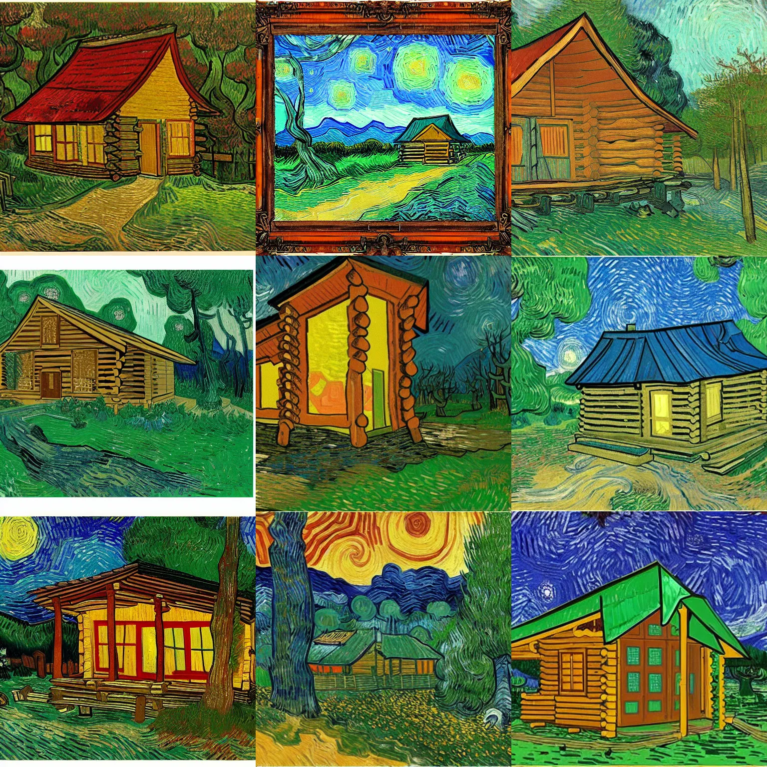 Prompt: [ a log cabin in the forest ] [ van gogh ] [ anime ]