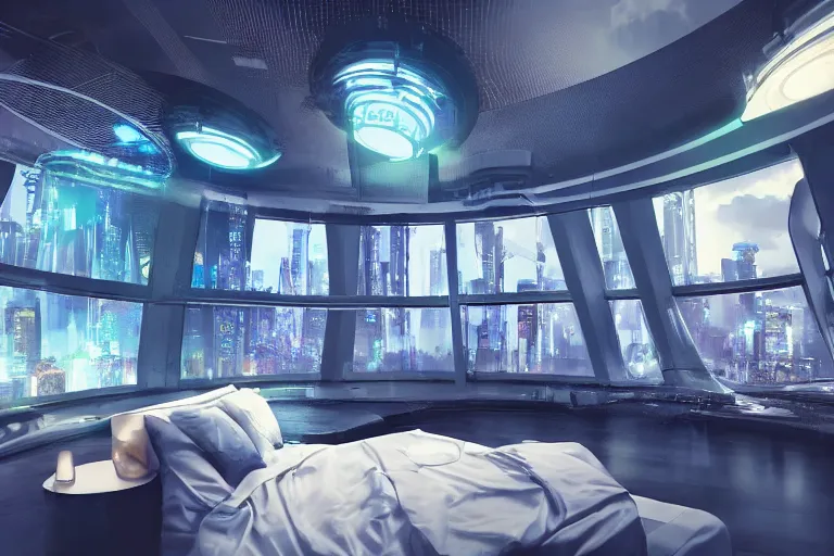 Image similar to a futuristic bedroom with large curved ceiling high windows looking out to a far future cyberpunk cityscape, cyberpunk neon lights, raining, scifi