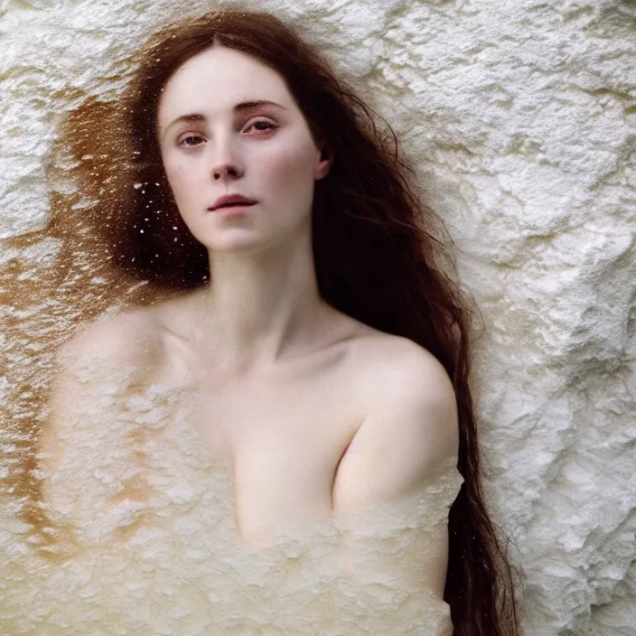 Image similar to Kodak Portra 400, 8K,ARTSTATION, CarolineGariba, soft light, volumetric lighting, highly detailed, britt marling style 3/4 ,portrait photo Close-up portrait photography of a beautiful woman how pre-Raphaelites, the face emerges from Pamukkale, thermal waters flowing down white travertine terraces, inspired by Ophelia paint ,and hair are intricate with highly detailed realistic beautiful flowers , Realistic, Refined, Highly Detailed, interstellar outdoor soft pastel lighting colors scheme, outdoor fine art photography, Hyper realistic, photo realistic