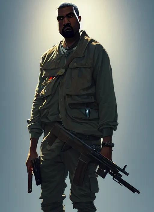 Image similar to highly detailed portrait kanye west holding rifle in gta v stephen bliss unreal engine fantasy art by greg rutkowski loish rhads ferdinand knab makoto shinkai lois van baarle ilya kuvshinov rossdraws tom bagshaw global illumination radiant light detailed intricate environment