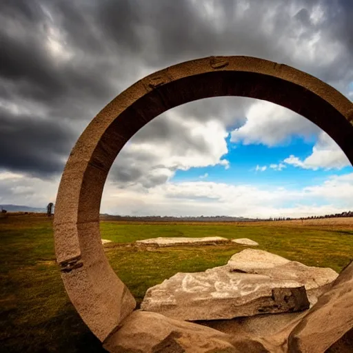 Image similar to stargate made of stone that form a circle, cinematic view, epic sky