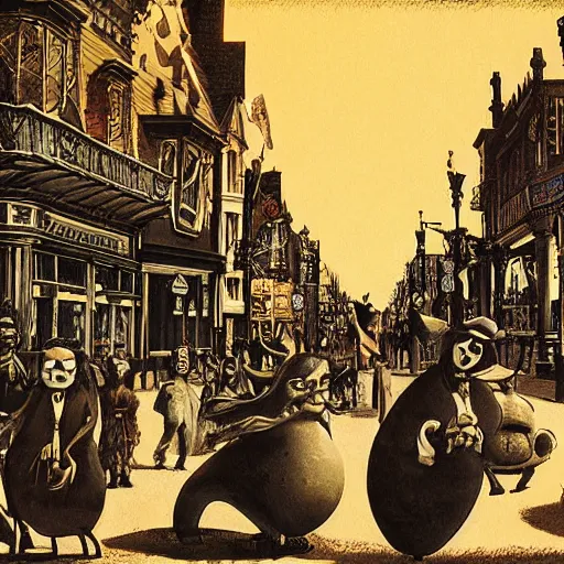 Prompt: nightmares parade in main street by dali