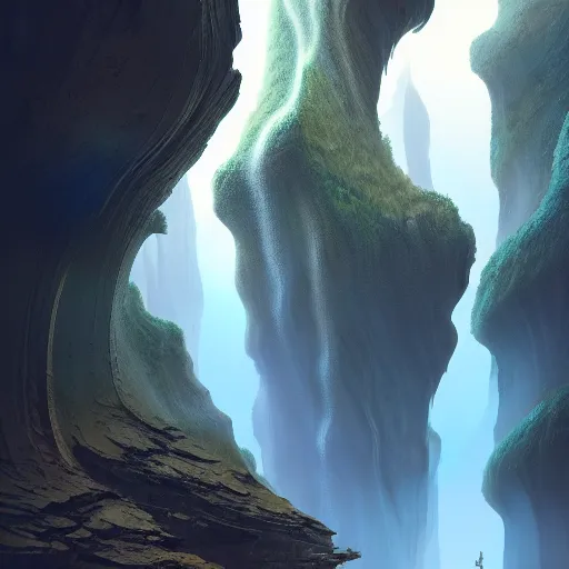 Image similar to light is mine to travel,beyond time ,the cathedrals in a canyon grotto of life the beginning , geological strata,ground mist, falling water,pools of water, by Sparth and Greg Rutkowski, hypermaximalist,micro details, 3d sculpture,,digital rendering,octane render , 4k, artstation, concept art , f22,deep depth of field,photographic, wide angle,cinematic lighting