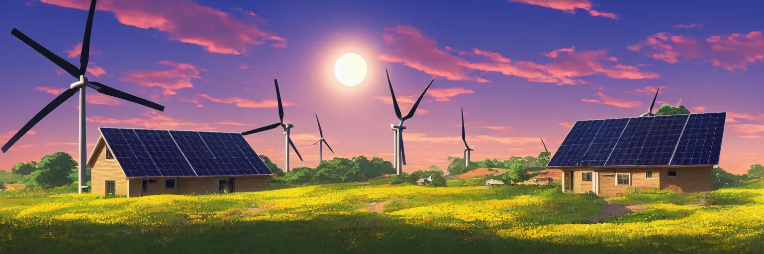 Prompt: a small two storey home nestled on farmland next to a solar panel array with a wind farm of turbines on the horizon, golden hour, in the style of studio ghibli