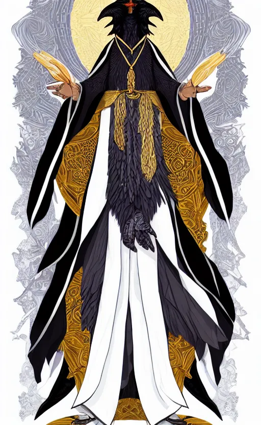 Image similar to raven headed male warlock doing wind magic, white and gold robes, exquisite details, full body character design on a white background, by studio muti