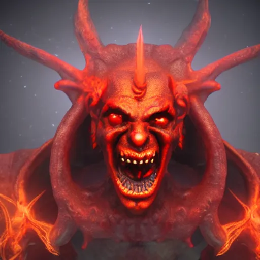 Image similar to demon in the depths of hell, satan smiles, laughter, audible, crimson, demonic, el greco, 3 - d render, unreal engine 4