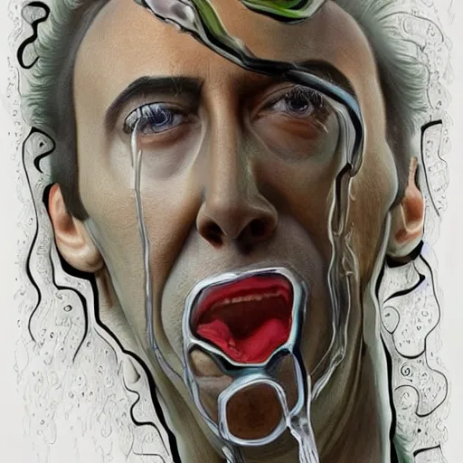 Image similar to Drinking from bottle Nicolas Cage in liquid form, Surrealism, Surreal drawing, Digital art, from artstation, art by Salvador Dali