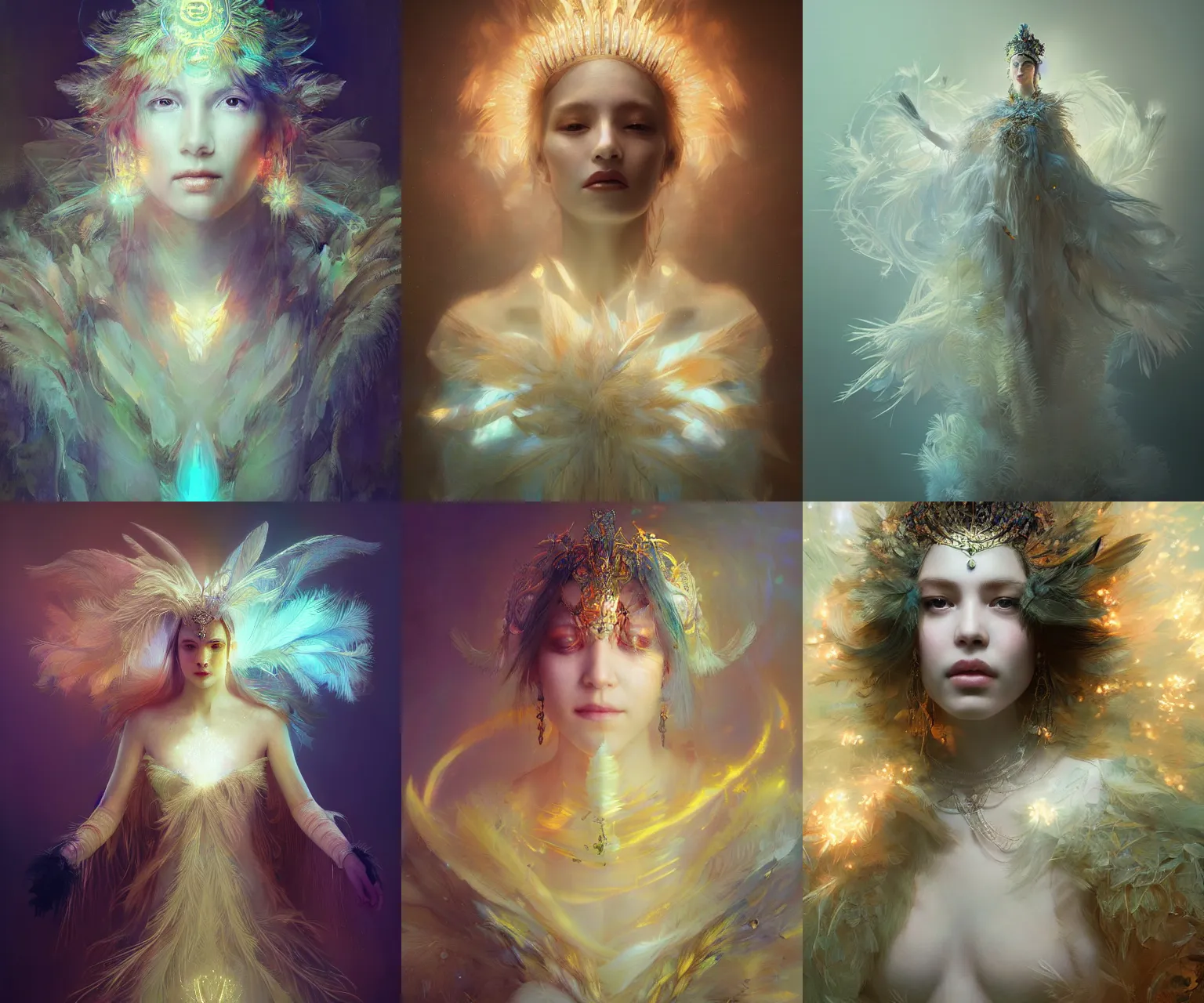 Prompt: portrait of queen of light, feathers, fractals, jewelry, emissive, volumetric lights, soft focus, first light, by ruan jia and wlop and karol bak