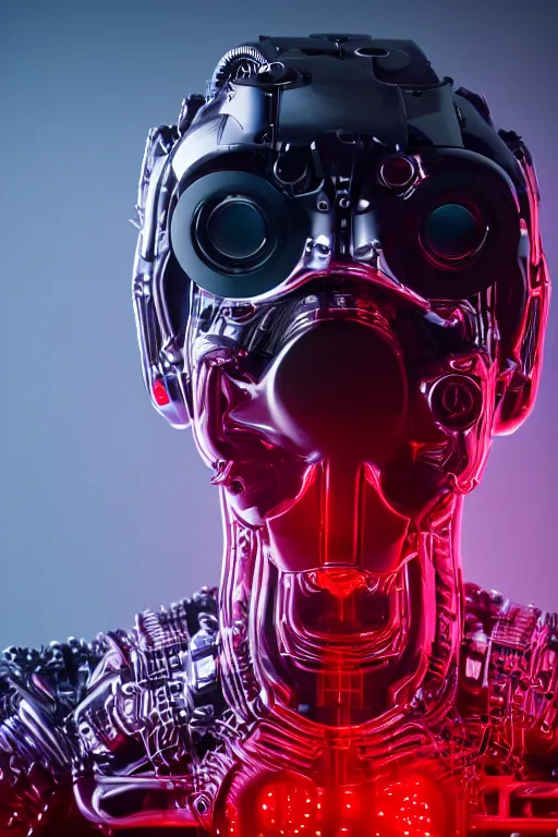 Image similar to photo of a carbon black cyborg, macro shot, dof, cinematic, volumetric lighting, studio shot, red light, 4 k