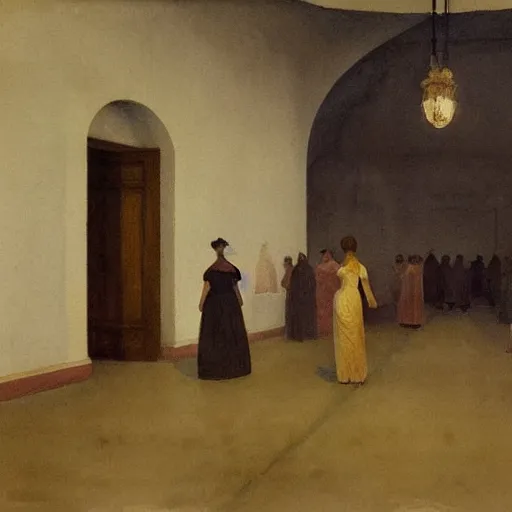 Image similar to a procession of women in an abandoned ivory and gold soviet temple, watercolor by ivan biblin, by hammershøi, art noveau, highly detailed, lights by edward hopper, liminal, eerie, bright pastel colors