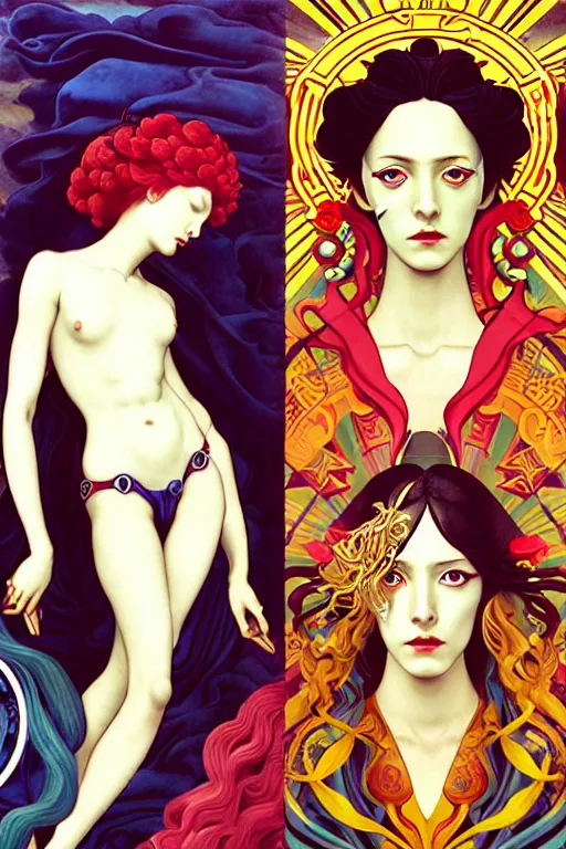 Prompt: 3 Summer Deities, (one representing each month of June, July, and August), in a style blending Æon Flux, Peter Chung, Shepard Fairey, Botticelli, Ivan Bolivian, and John Singer Sargent, inspired by pre-raphaelite paintings, shoujo manga, and cool Japanese street fashion, dramatically contrasting warm and vivid colors, hyper detailed, super fine inking lines, ethereal atmosphere, sfumato, 4K extremely photorealistic, Arnold render
