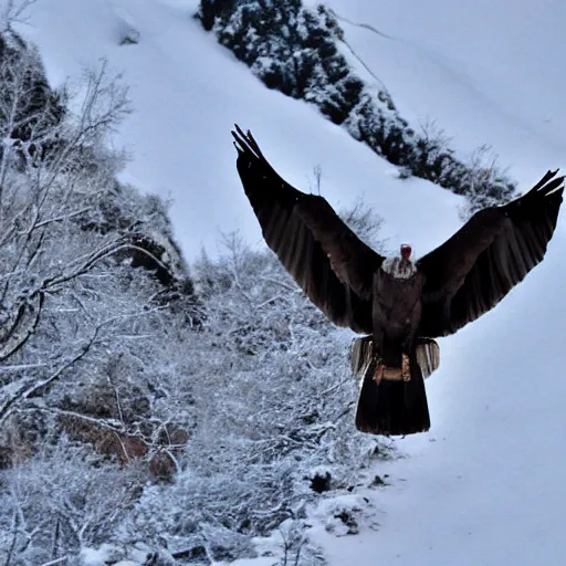 Prompt: a vulture in the snow