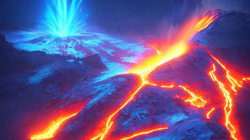 Image similar to volcano erupting blue flames, glowing! blue plumes, by sylvain sarrailh, rossdraws, ambient light, ultra detailed, fantasy artwork, 8 k, volumetric lighting, trending on artstation, award winning, beautiful scenery, very very very very very very very beautiful.